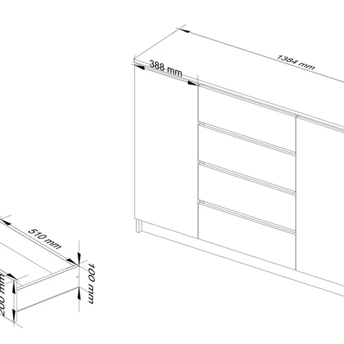 Ergonomiškas komodos K140 dizainas miegamajam ar svetainei