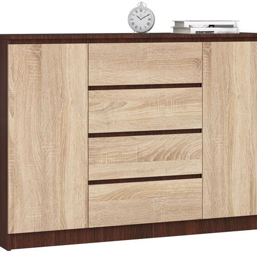Komoda NORE K140 su 4-iais stalčiais, tamsiai rudos/ąžuolo spalvos