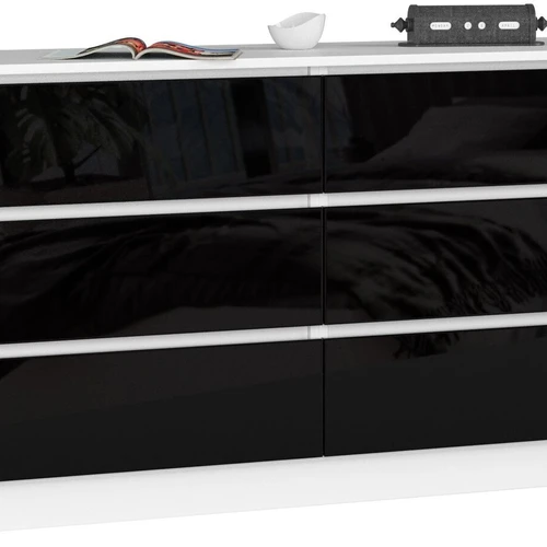 Komoda NORE K140 su 6-iais stalčiais , blizgios juodos spalvos