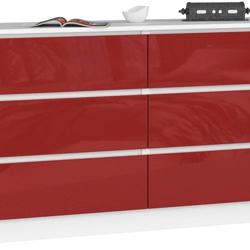 Komoda NORE K140 su 6-iais stalčiais, baltos/raudonos spalvos