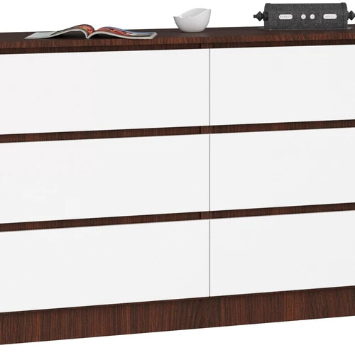 Komoda NORE K140 su 6-iais stalčiais, tamsiai rudos/baltos spalvos