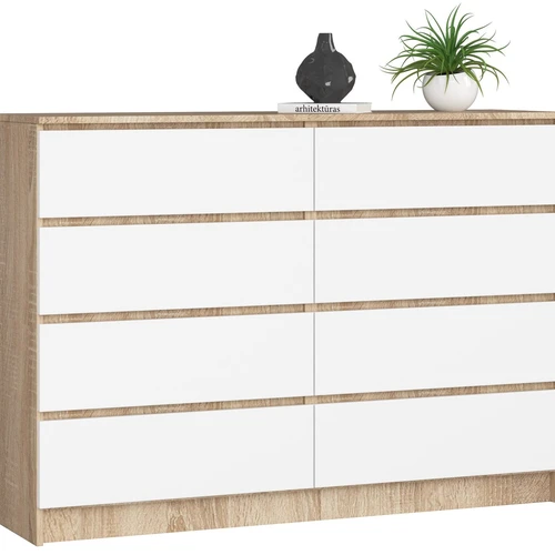 Komoda NORE K140 su 8-iais stalčiais, ąžuolo/baltos spalvos