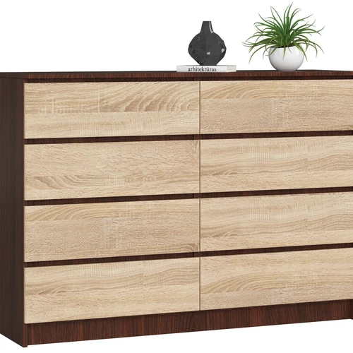 Komoda NORE K140 su 8-iais stalčiais, tamsiai rudos/ąžuolo spalvos