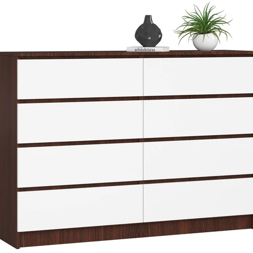 Komoda NORE K140 su 8-iais stalčiais, tamsiai rudos/baltos spalvos