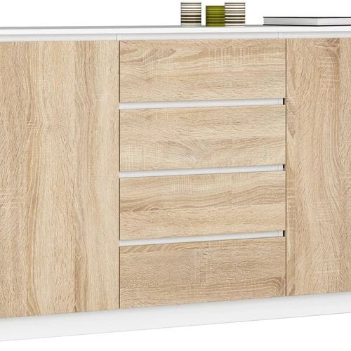 Komoda NORE K160 su 4-iais stalčiais, baltos/ąžuolo spalvos