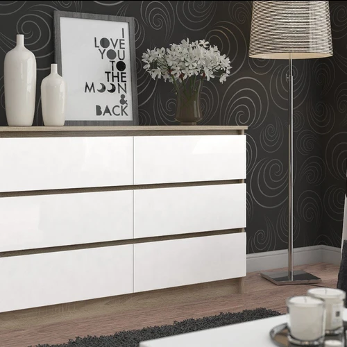 Komoda su 6 stalčiais, 160 cm, tamsus ąžuolas ir balta apdaila