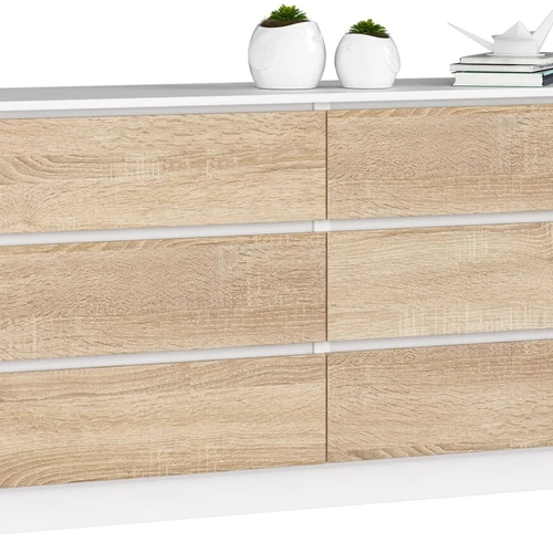 Komoda NORE K160 su 6-iais stalčiais, baltos/ąžuolo spalvos