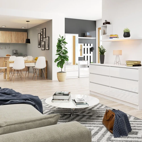 Šviežių spalvų komoda su blizgiu akrilu ir patogiais slankikliais