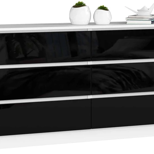 Komoda NORE K160 su 6-iais stalčiais, blizgios baltos/juodos spalvos
