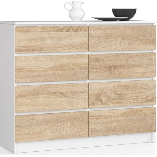 Komoda NORE K160 su 8-iais stalčiais, baltos/ąžuolo spalvos