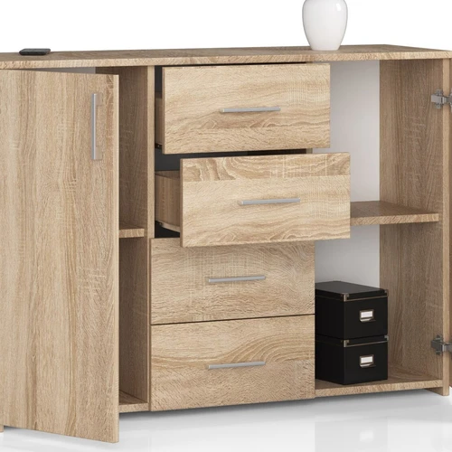 Komoda su 4 stalčiais ir didelėmis spintelėmis – idealus pasirinkimas