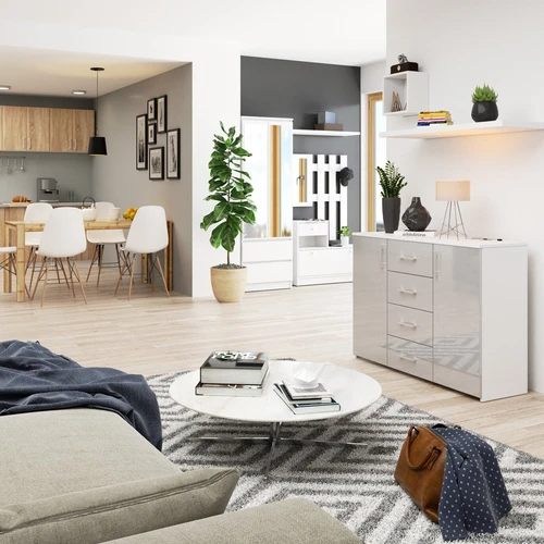 Šiuolaikinė baltos/metalo komoda K 45 su 4 stalčiais