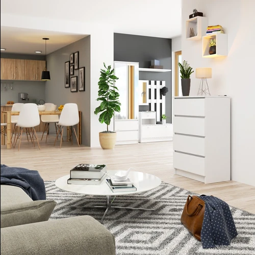 Aukšta balta komoda su 4 stalčiais – modernus ir funkcionalus sprendimas