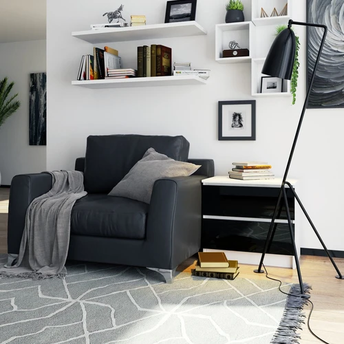 Komoda su akrilo fasadais ir atspariu kilimėliu