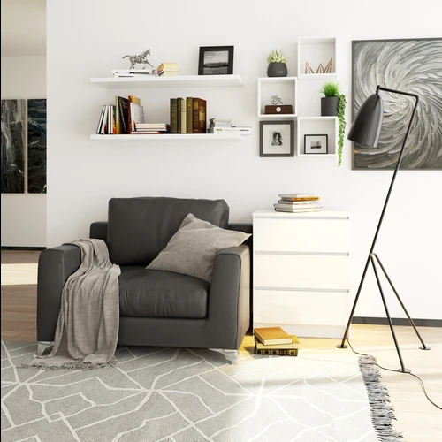 Praktiška komoda su dilimui atspariu korpusu ir akriliniais fasadais