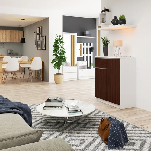 Erdvi komoda su rakinamomis spintelėmis ir stalčiais