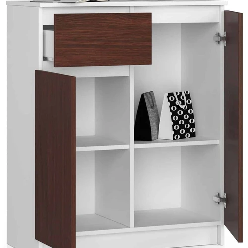 Aukštos kokybės komoda su baltu korpusu ir venge fasadais