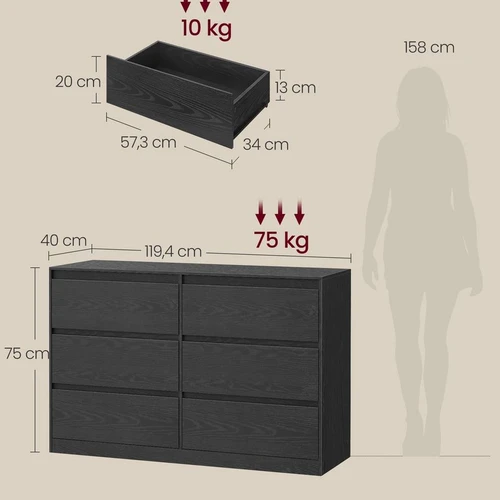 Komoda VASAGLE Kailyn, 6 stalčiai, 40 × 119,4 × 75 cm - Komodos, šoninės spintelės