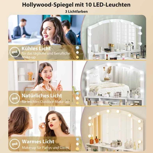 Kosmetinis staliukas su LED veidrodžiu ir 7 stalčiaisMakiažo staliukas su 10 LED lempučių ir 3 skyriaisUniversalus staliukas su veidrodžiu darbui ir
