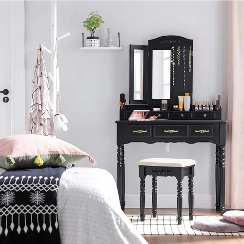 Stilingas ir praktiškas makiažo stalas juodos spalvos