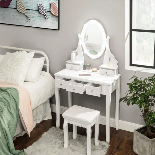 Elegantiškas makiažo stalas su ovaliu veidrodžiu ir taburete