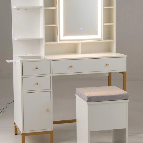 Kosmetinis staliukas, su HD LED veidrodžiu ir pufu, baltas, 98 × 138,5 × 40 cm