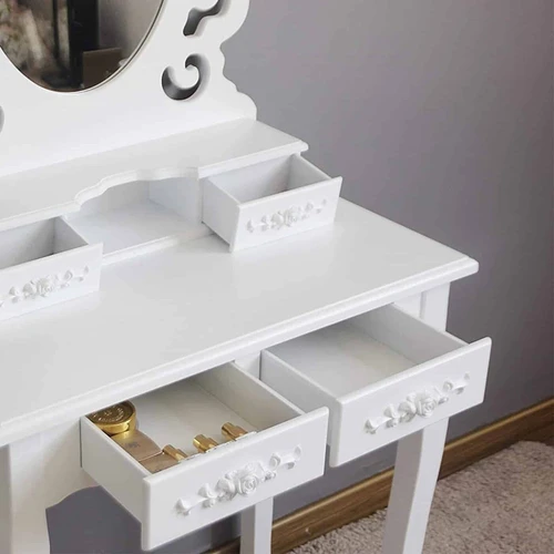 Stilingas tualetinis staliukas su veidrodžiu ir taburete