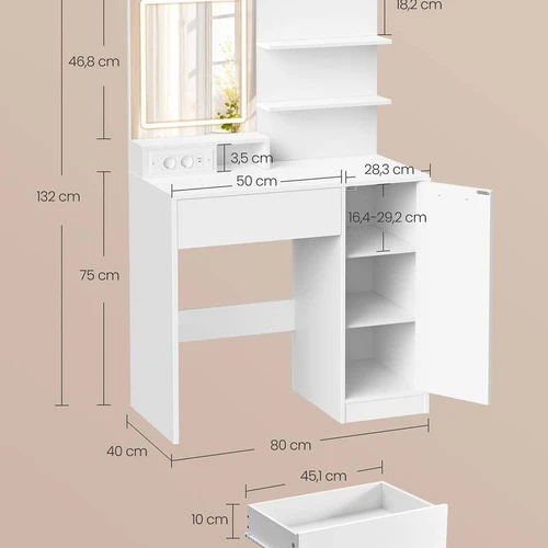 Kosmetinis staliukas VASAGLE Kailyn RDT138W01, Su LED veidrodžiu, 40 × 80 × 132 cm - Kosmetiniai staliukai