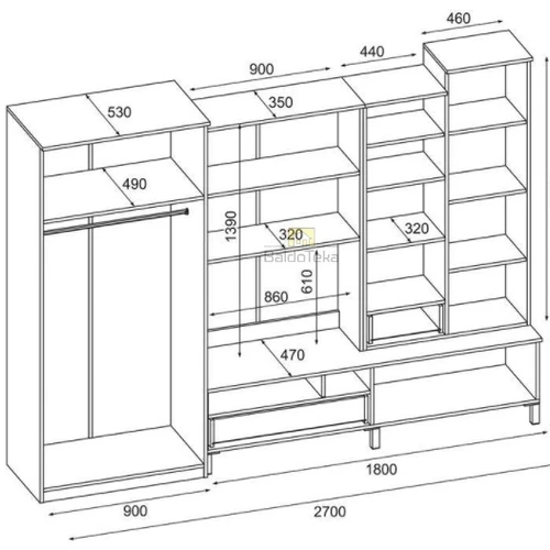 Stilinga spinta 270x207x53 cm, plona LMDP, individualus spalvos pasirinkimas