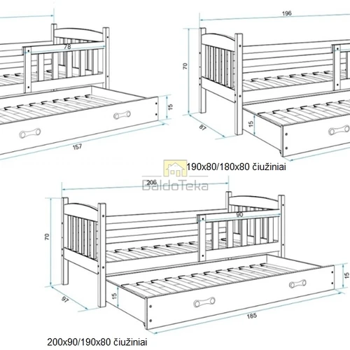 Pušies ir baltos spalvos vaikiška lova su apsaugine tvorele