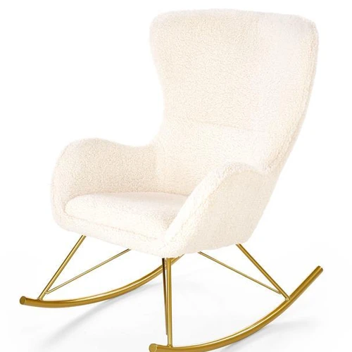 Kreminė fotelė su moderniu boucle audiniu ir auksinėmis kojomis