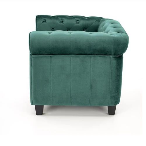 Elegantiška tamsiai žalia sofa su juodomis kojomis