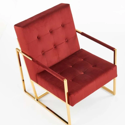 Stilinga kėdė su aukso spalvos kojomis ir tamsiai raudonu audiniu