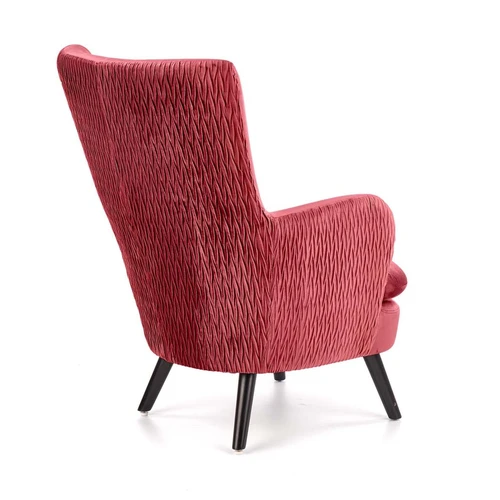 Ergonominė sofos lova su tamsiai raudonu apmušalu ir juodomis kojomis