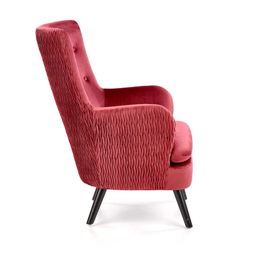 Patogi sofos lova su juodomis kojomis ir tamsiai raudonu apmušalu