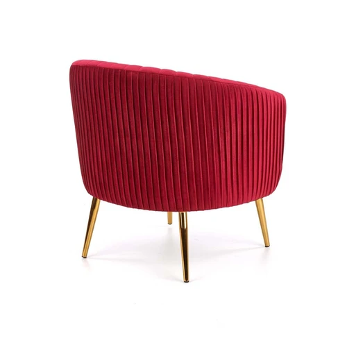 Sofos lova su tamsiai raudonu audiniu ir aukso spalvos metalinėmis kojomis