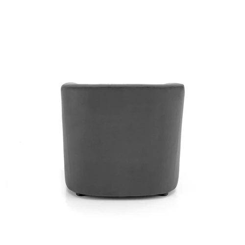 Modernus pilkas fotelis su aksominiu dangalu ir patvaria fanera