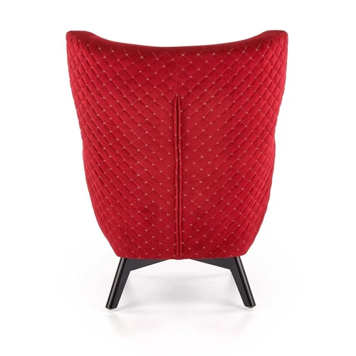 Kompaktiška sofa su tamsiai raudonais apmušalais ir juodomis kojomis