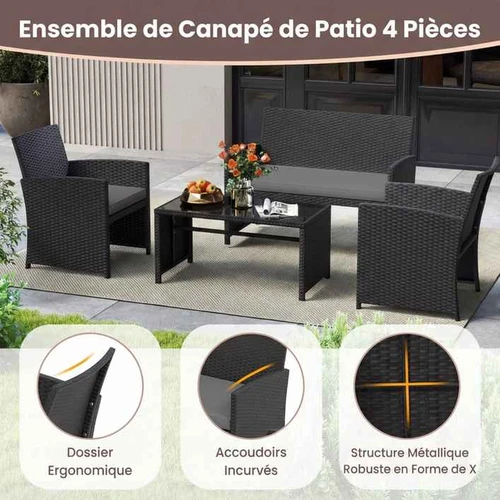 Lauko baldų komplektas, su dviviete sofa ir 2 foteliais, Pilkas
