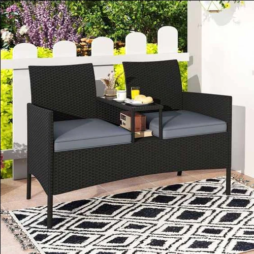 Lauko sofa, 2 vietų su staliuku, Juoda, 126 × 84 × 62 cm - Kėdės