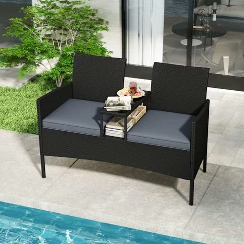 Lauko sofa, 2 vietų su staliuku, Juoda, 126 × 84 × 62 cm - Kėdės