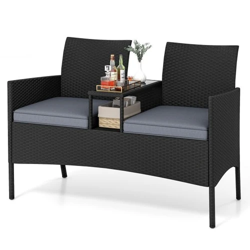 Lauko sofa, 2 vietų su staliuku, Juoda, 126 × 84 × 62 cm - Kėdės