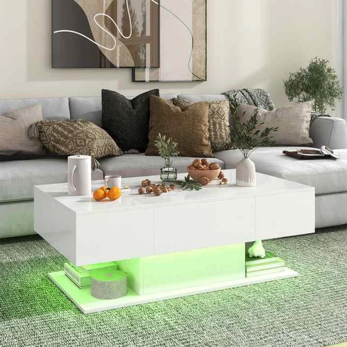 LED kavos staliukas, 2 stalčiai, Balta, 110 × 40 × 60 cm - Žurnaliniai (kavos) staliukai