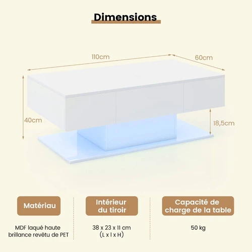 LED kavos staliukas, 2 stalčiai, Balta, 110 × 40 × 60 cm - Žurnaliniai (kavos) staliukai