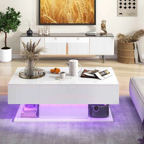 LED kavos staliukas, 2 stalčiai, Balta, 110 × 40 × 60 cm - Žurnaliniai (kavos) staliukai