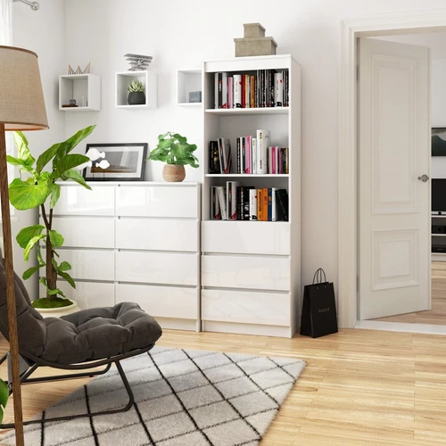 Knygų spinta su trimis stalčiais ir blizgančiu paviršiumi