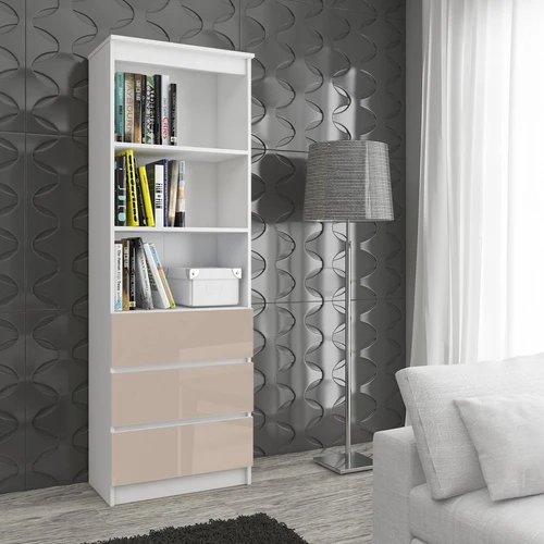 Erdvi knygų spinta su aukštomis lentynomis ir stalčiais