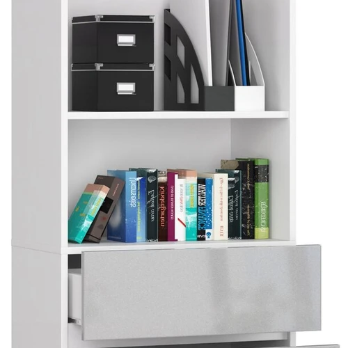 Moderni knygų spinta su lentynomis ir stalčiais