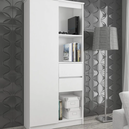 Ervyti stalčiai ir atviros lentynos biuro spintoje