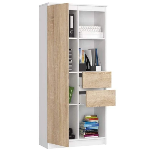 6 lentynų knygų spinta su stumdomais stalčiais